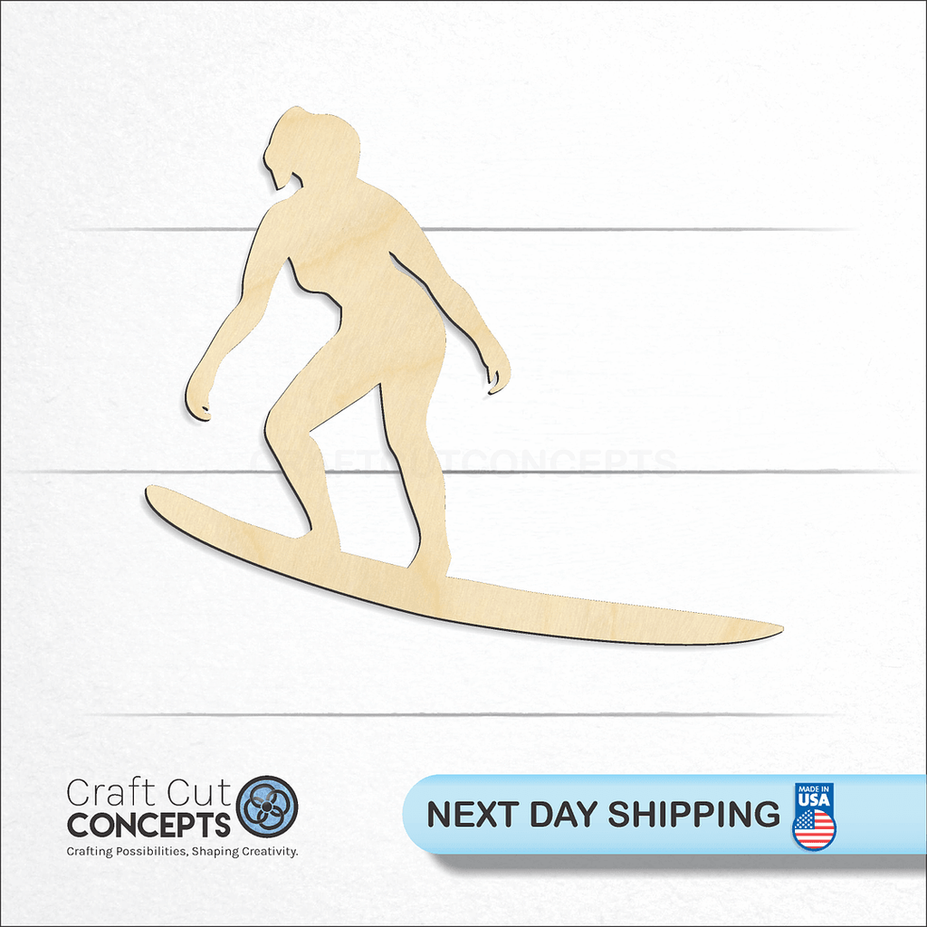 Craft Cut Concepts logo and next day shipping banner with an unfinished wood Female Surfer craft shape and blank