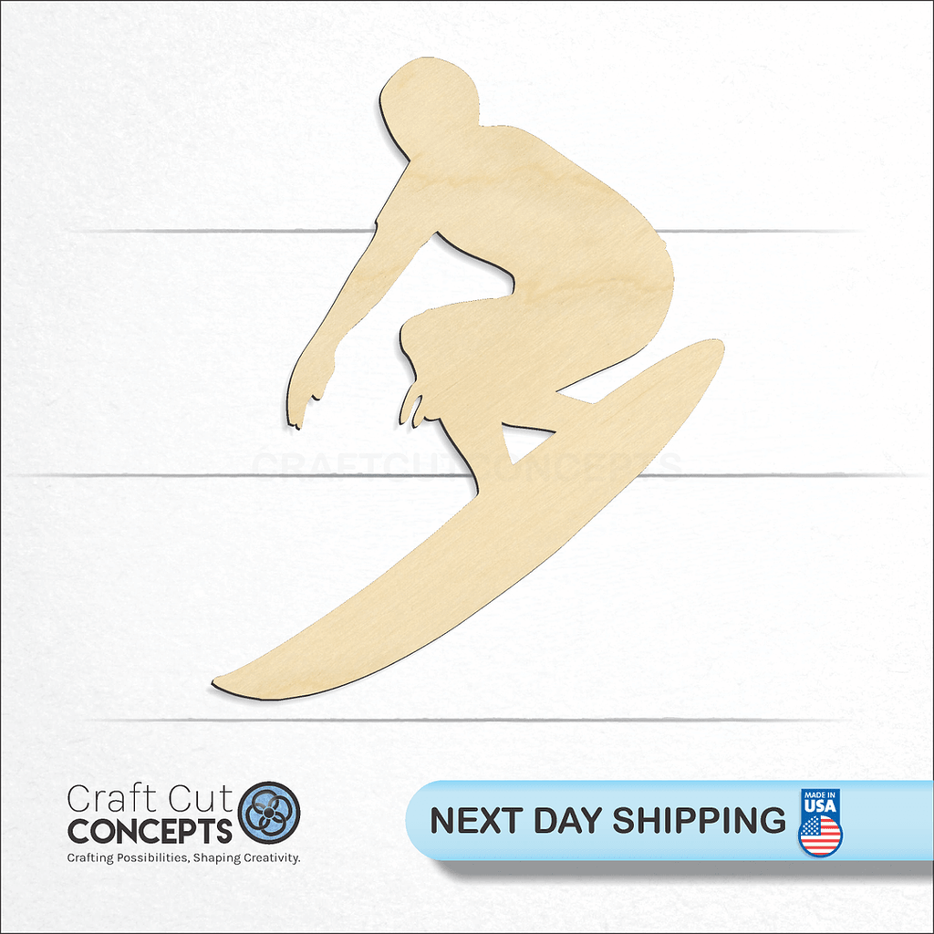 Craft Cut Concepts logo and next day shipping banner with an unfinished wood Male Surfer craft shape and blank