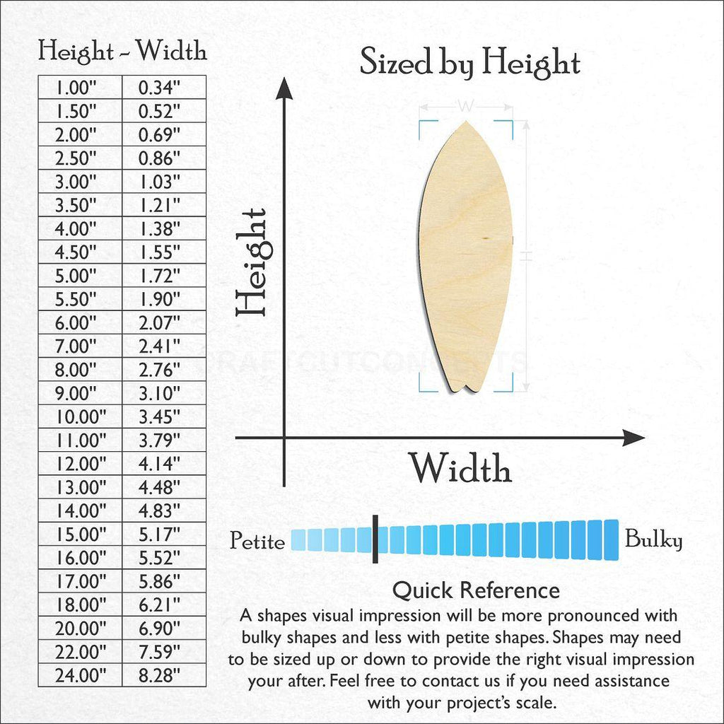 Sizes available for a laser cut Surf Board craft blank