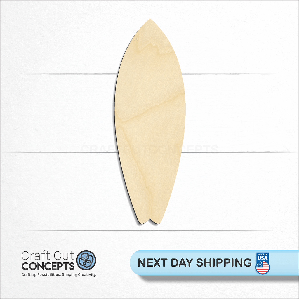 Craft Cut Concepts logo and next day shipping banner with an unfinished wood Surf Board craft shape and blank