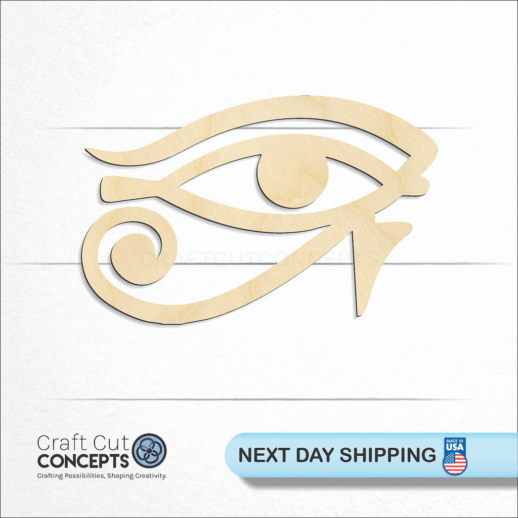 Craft Cut Concepts logo and next day shipping banner with an unfinished wood Egyptian Eye craft shape and blank