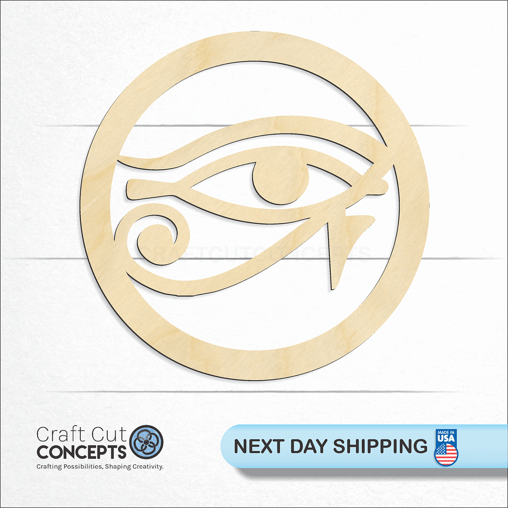 Craft Cut Concepts logo and next day shipping banner with an unfinished wood Egyptian Eye Circle craft shape and blank