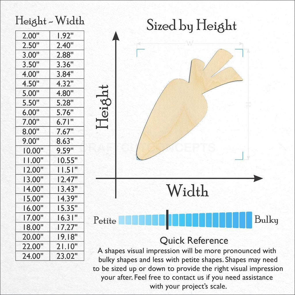 Sizes available for a laser cut Carrot craft blank