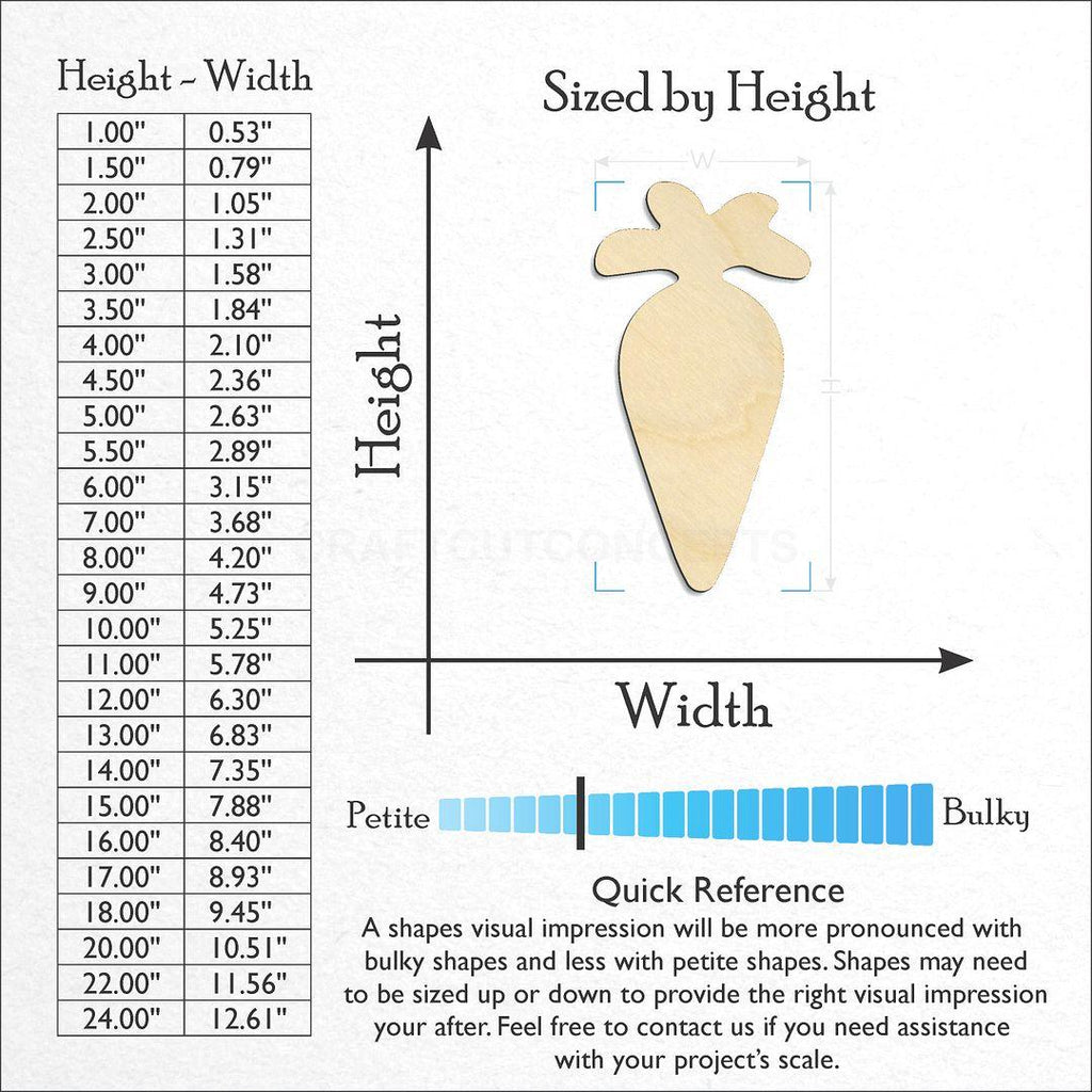 Sizes available for a laser cut Carrot craft blank