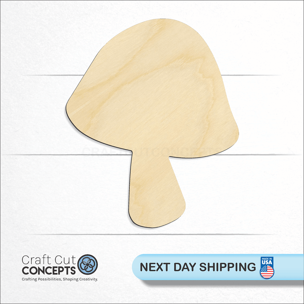 Craft Cut Concepts logo and next day shipping banner with an unfinished wood Mushroom craft shape and blank