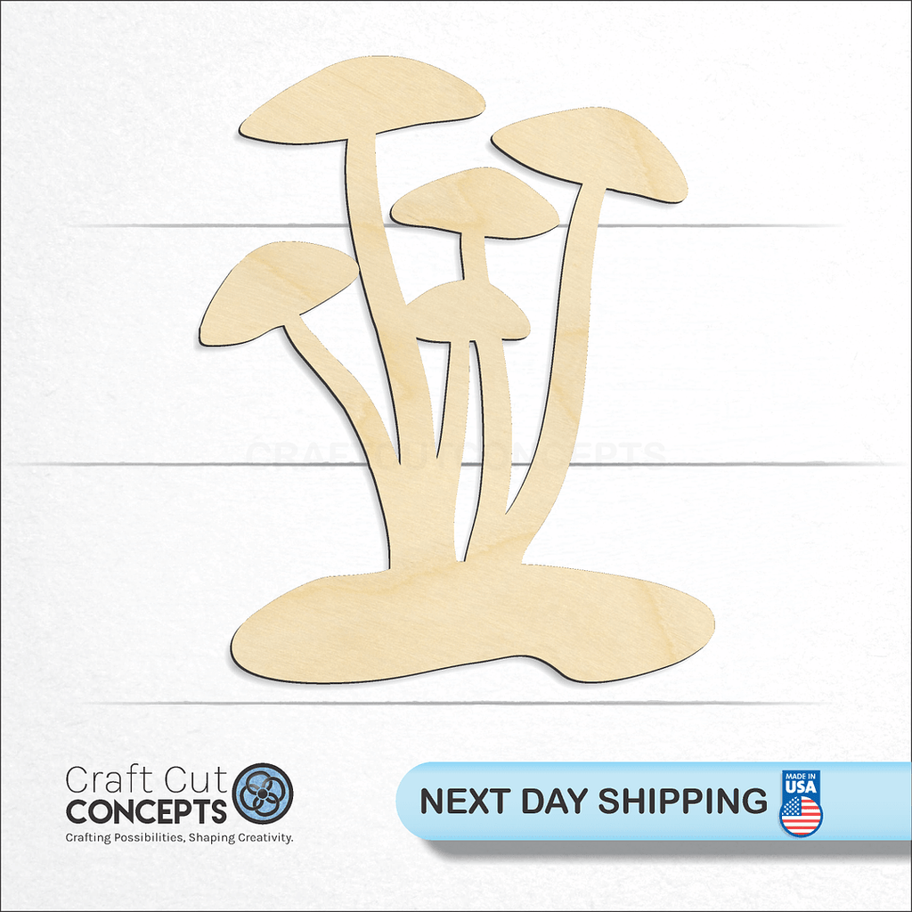 Craft Cut Concepts logo and next day shipping banner with an unfinished wood Botanical Mushroom craft shape and blank