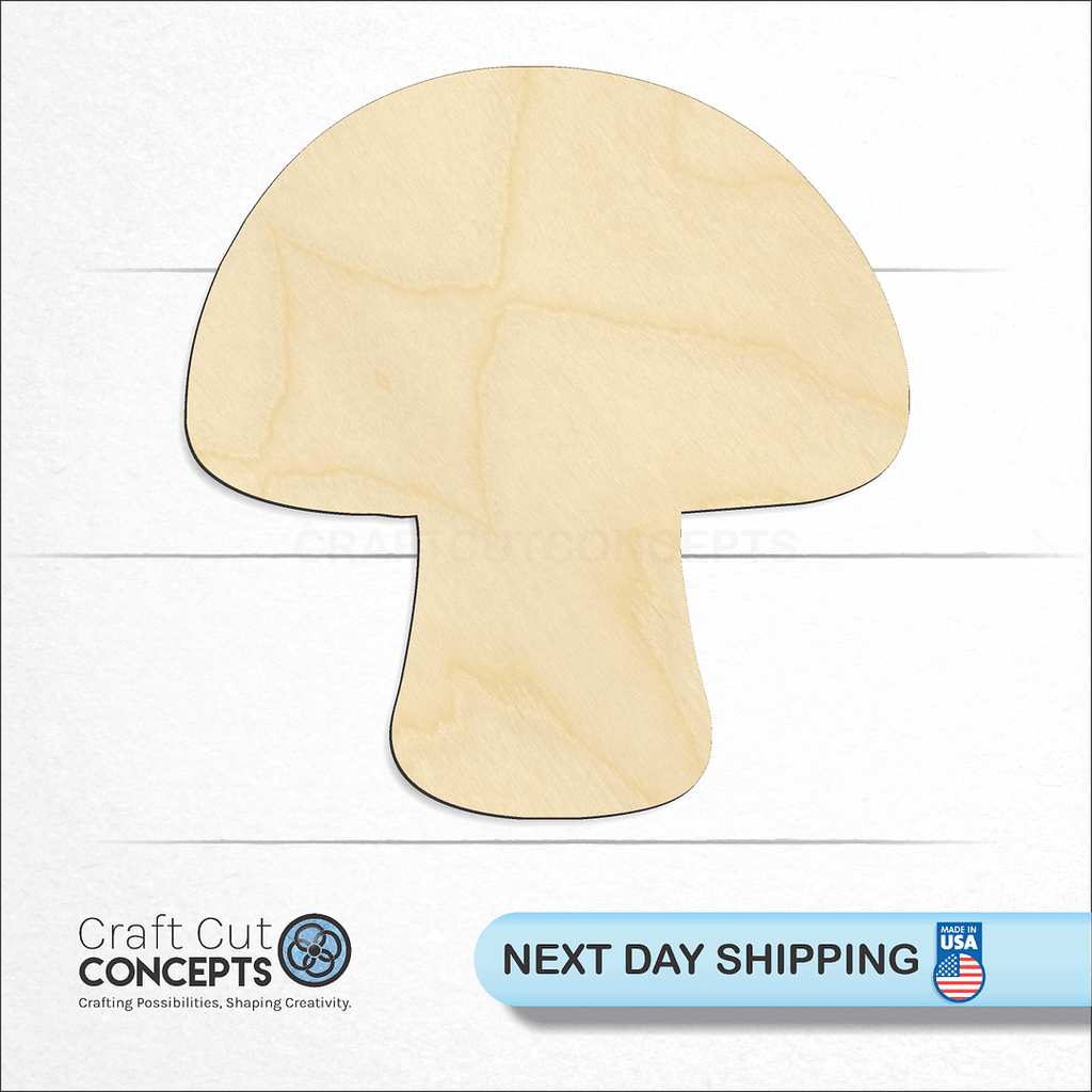 Craft Cut Concepts logo and next day shipping banner with an unfinished wood Mushroom craft shape and blank