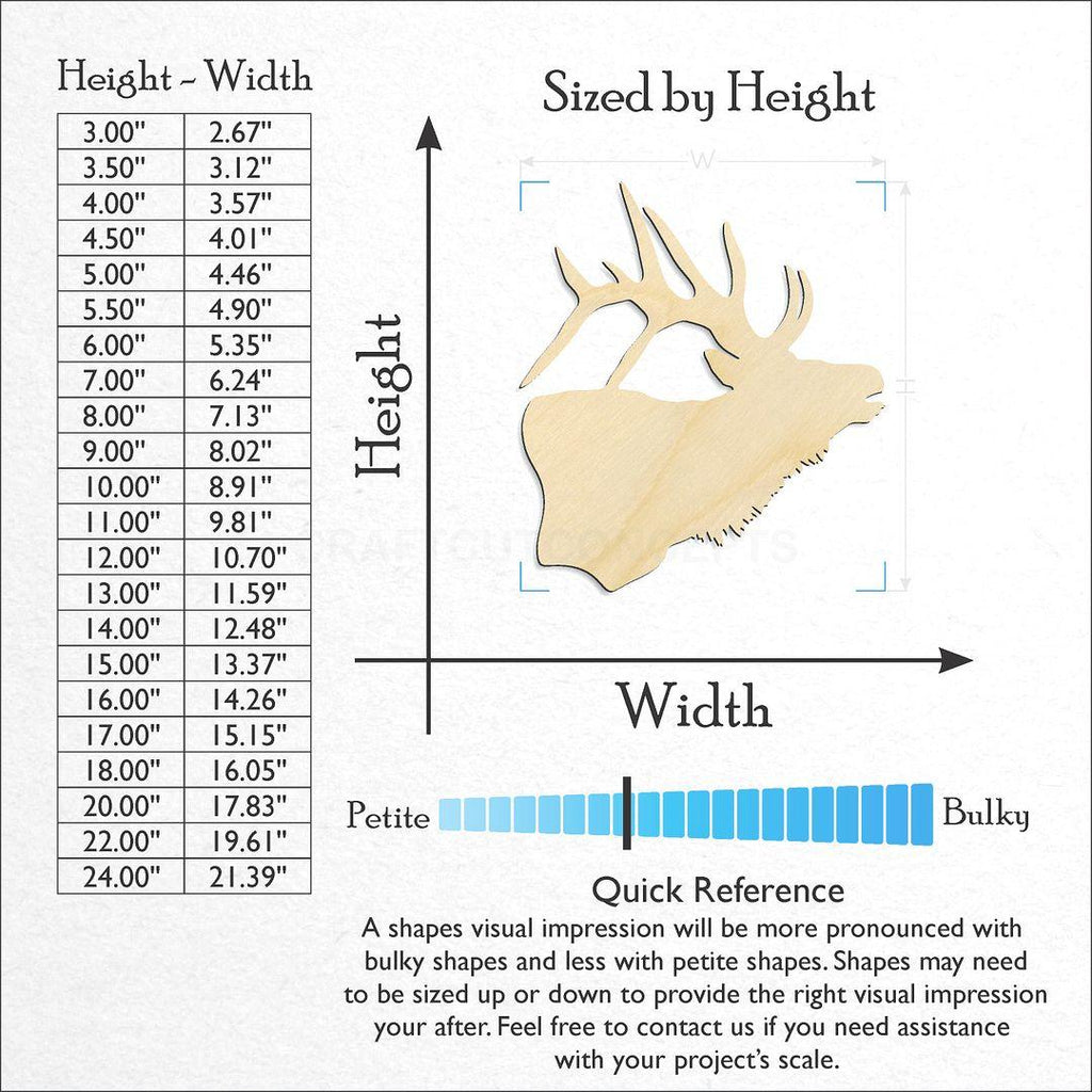 Sizes available for a laser cut Elk Head craft blank