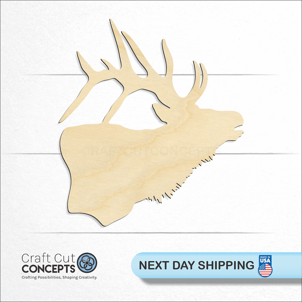 Craft Cut Concepts logo and next day shipping banner with an unfinished wood Elk Head craft shape and blank