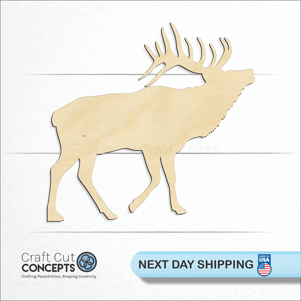 Craft Cut Concepts logo and next day shipping banner with an unfinished wood Elk craft shape and blank