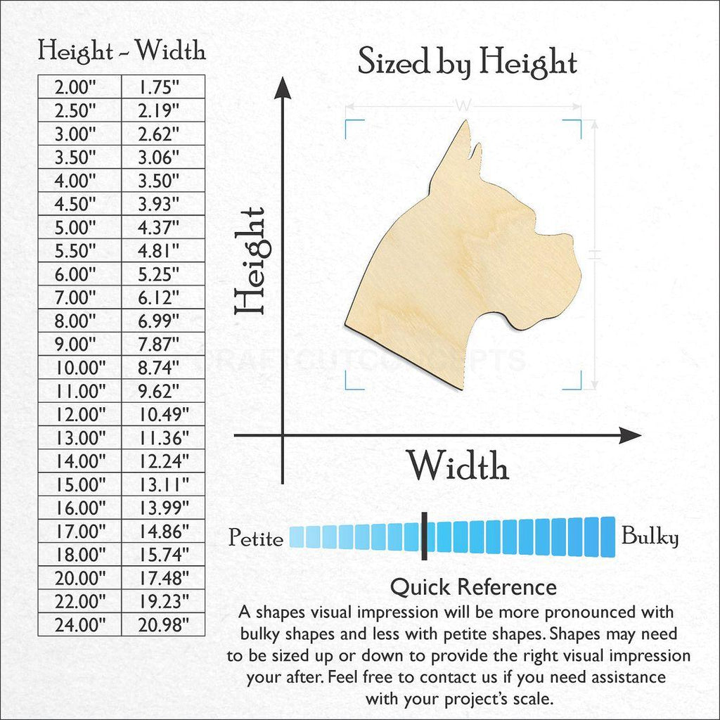 Sizes available for a laser cut Dog - Boxer Head craft blank