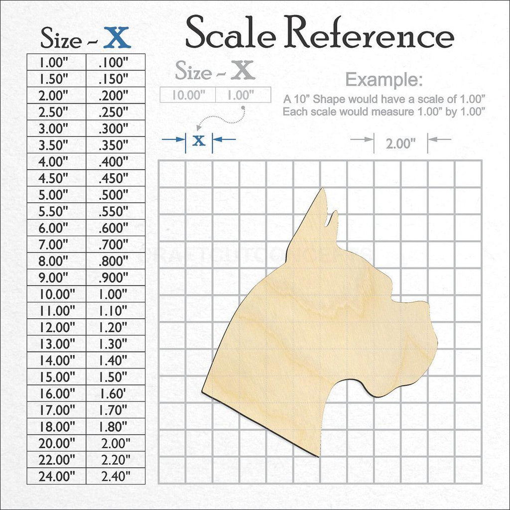 A scale and graph image showing a wood Dog - Boxer Head craft blank