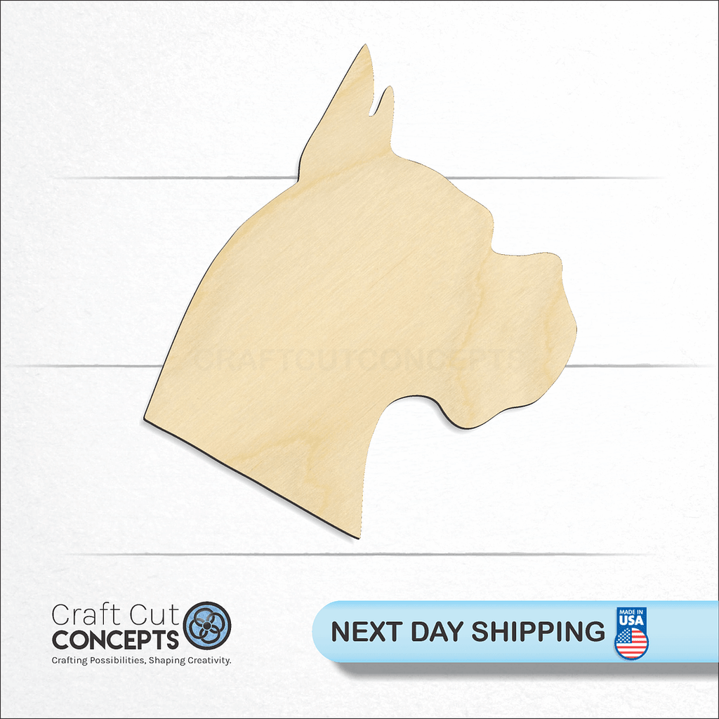 Craft Cut Concepts logo and next day shipping banner with an unfinished wood Dog - Boxer Head craft shape and blank