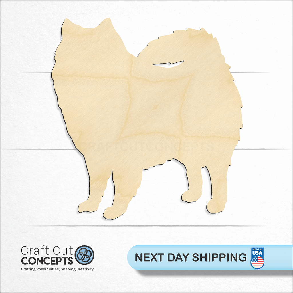 Craft Cut Concepts logo and next day shipping banner with an unfinished wood Dog - American Eskimo craft shape and blank