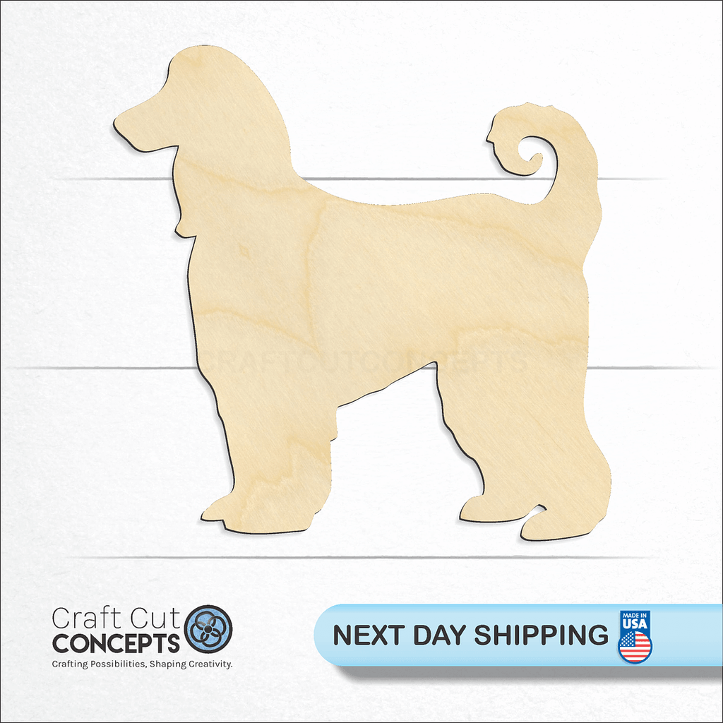 Craft Cut Concepts logo and next day shipping banner with an unfinished wood Afghan Hound craft shape and blank