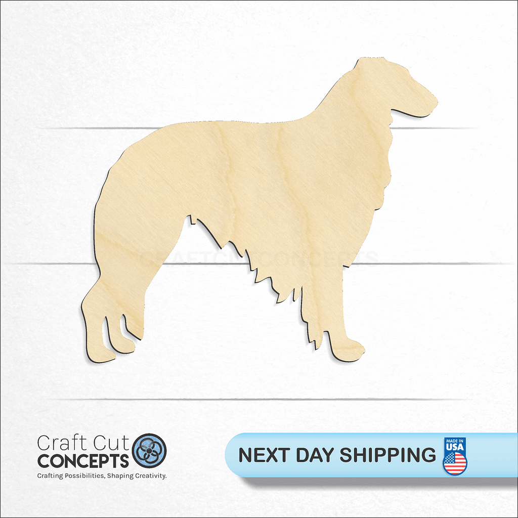 Craft Cut Concepts logo and next day shipping banner with an unfinished wood Borzoi craft shape and blank