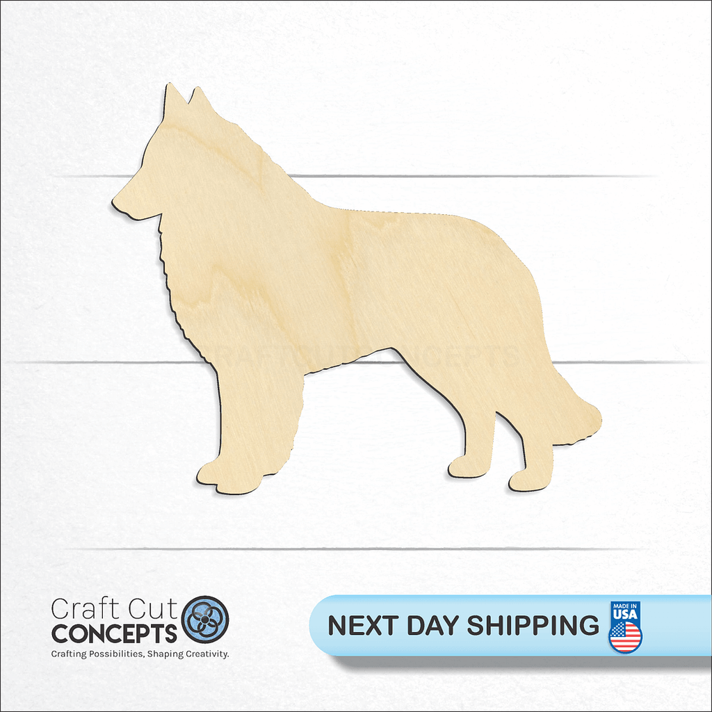 Craft Cut Concepts logo and next day shipping banner with an unfinished wood Belgian Tervuren craft shape and blank