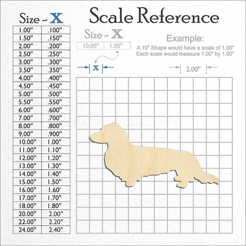 A scale and graph image showing a wood Long Hair Dachshund craft blank