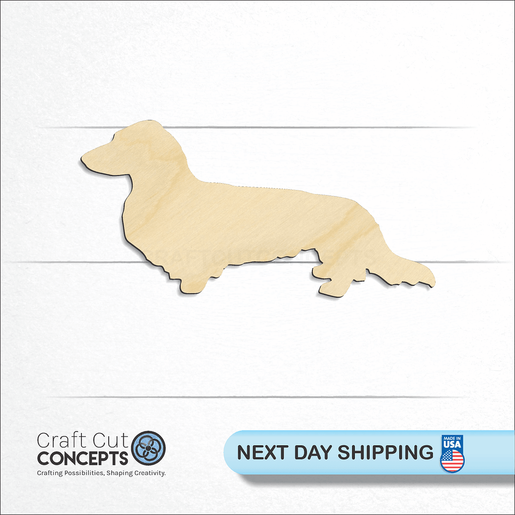 Craft Cut Concepts logo and next day shipping banner with an unfinished wood Long Hair Dachshund craft shape and blank