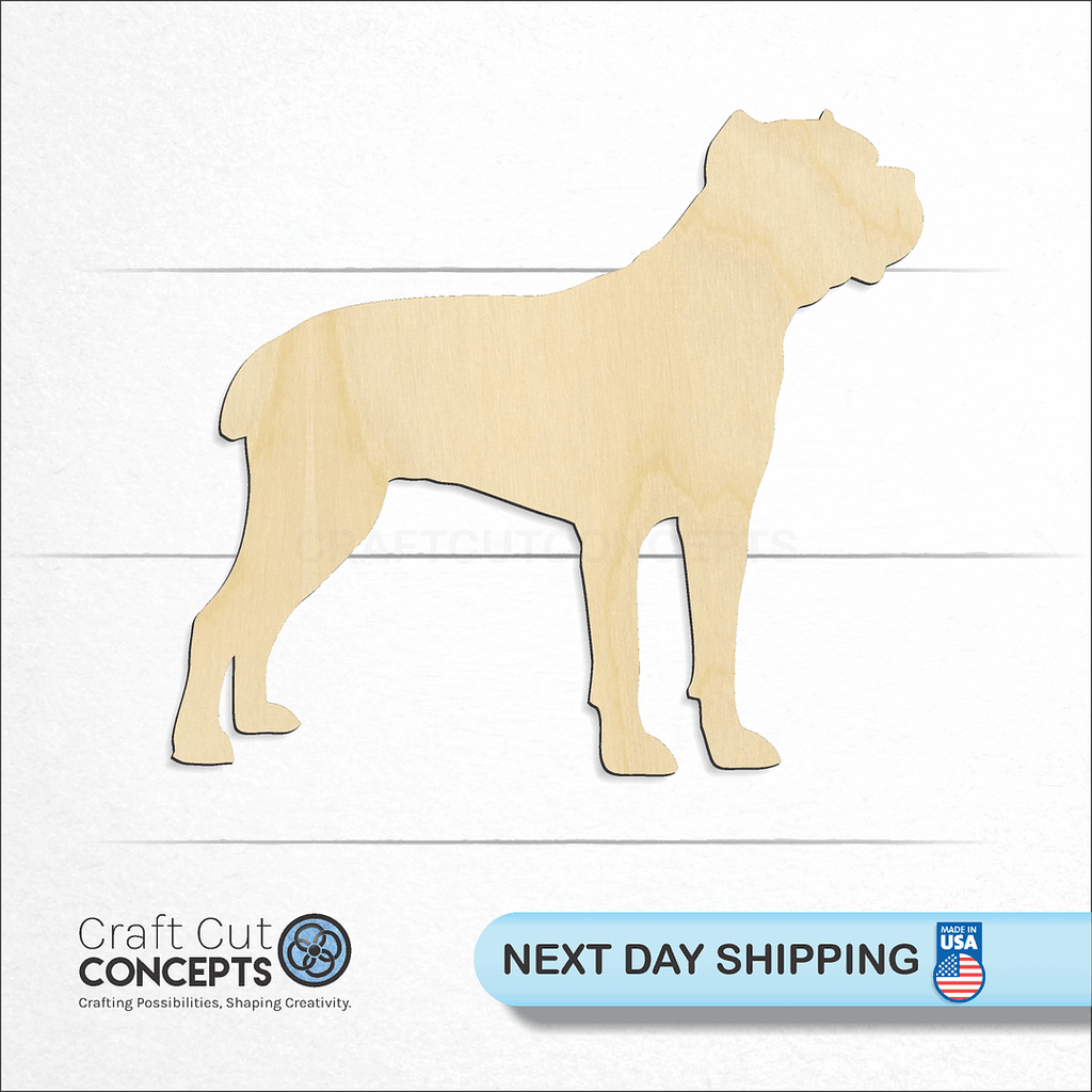 Craft Cut Concepts logo and next day shipping banner with an unfinished wood Italian Mastiff craft shape and blank