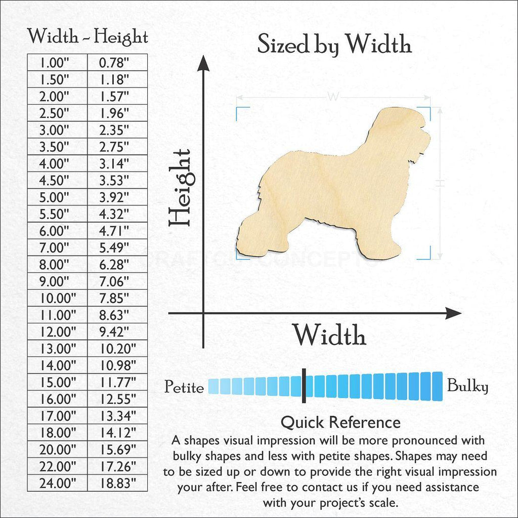 Sizes available for a laser cut Old English Sheepdog craft blank