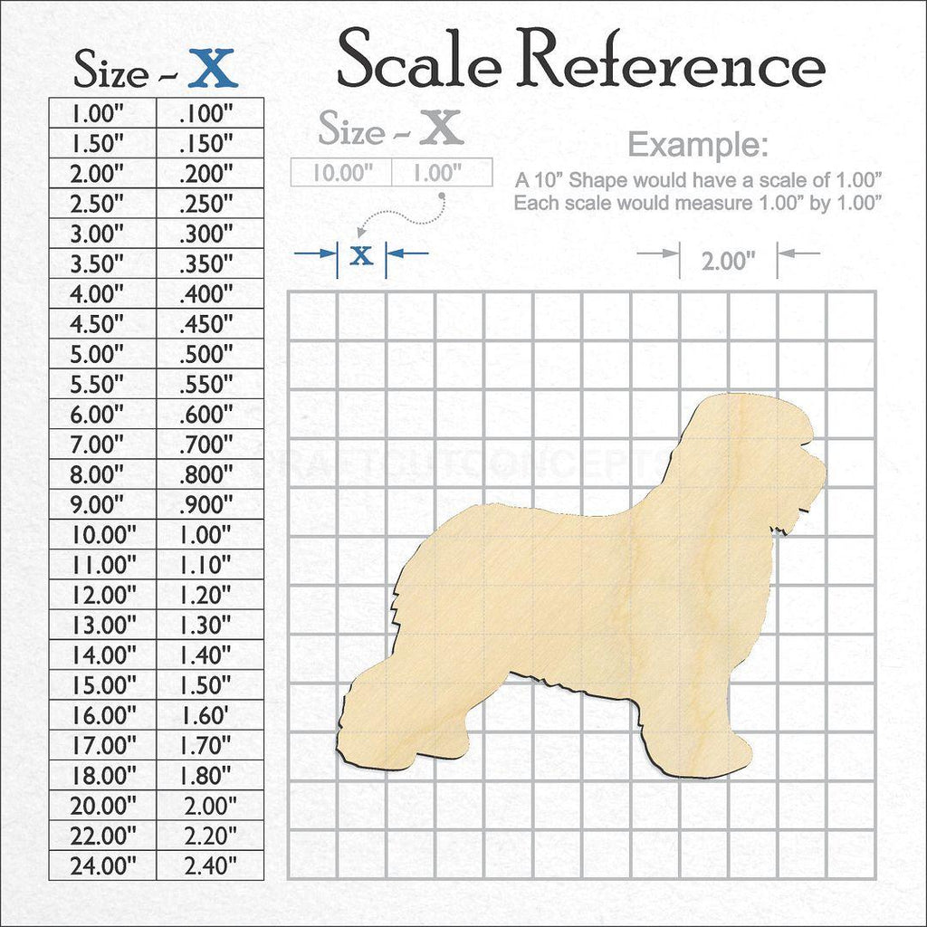 A scale and graph image showing a wood Old English Sheepdog craft blank