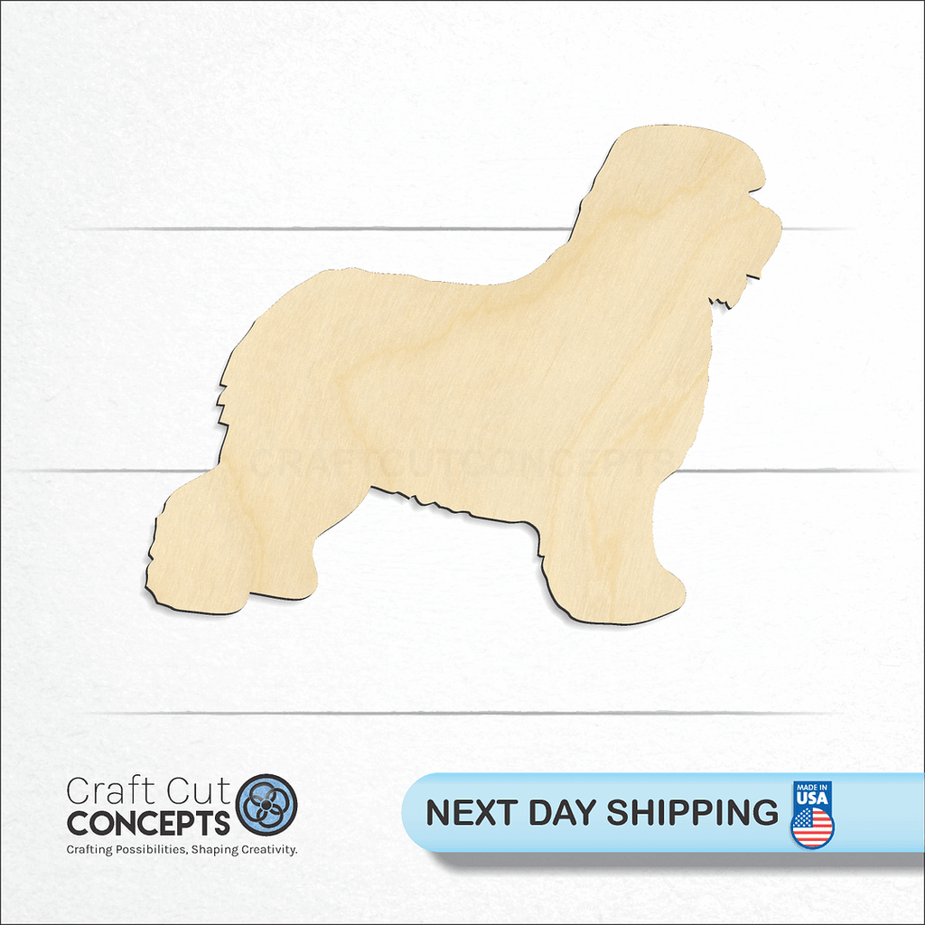 Craft Cut Concepts logo and next day shipping banner with an unfinished wood Old English Sheepdog craft shape and blank