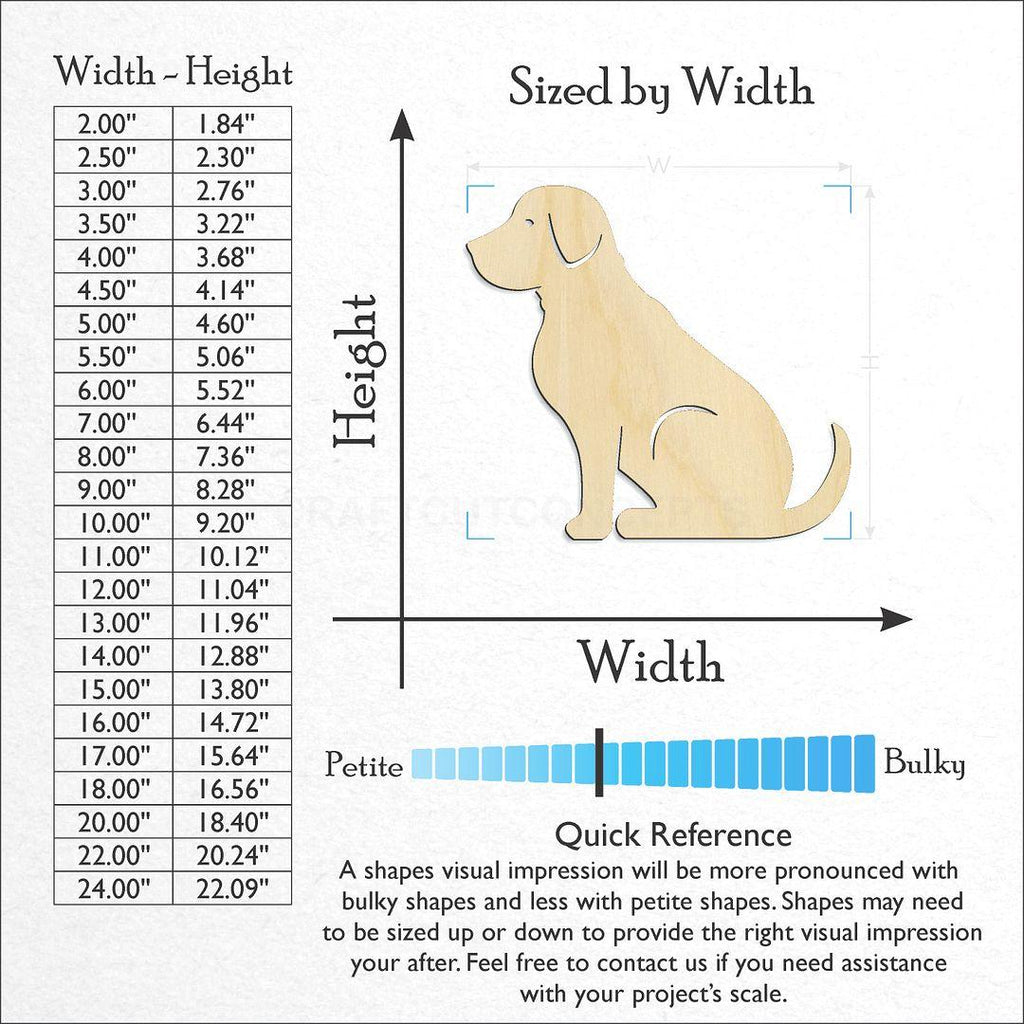 Sizes available for a laser cut Detailed Lab Cute Dog craft blank