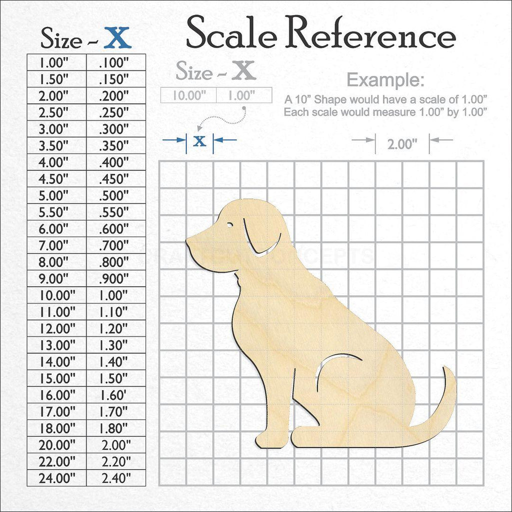 A scale and graph image showing a wood Detailed Lab Cute Dog craft blank