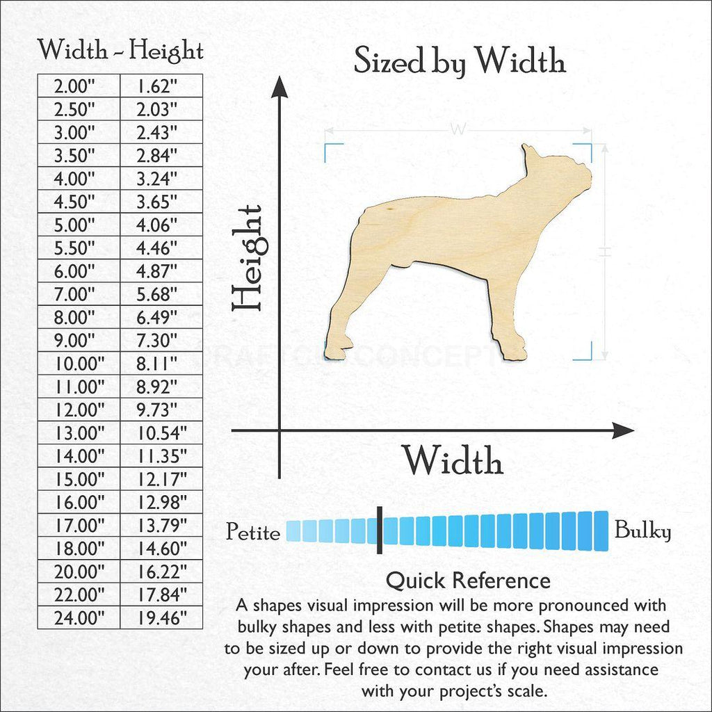 Sizes available for a laser cut Dog - Boston Terrier craft blank