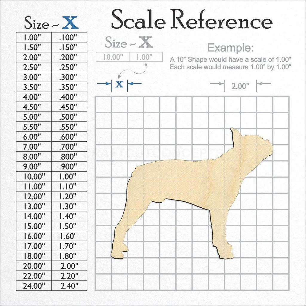 A scale and graph image showing a wood Dog - Boston Terrier craft blank