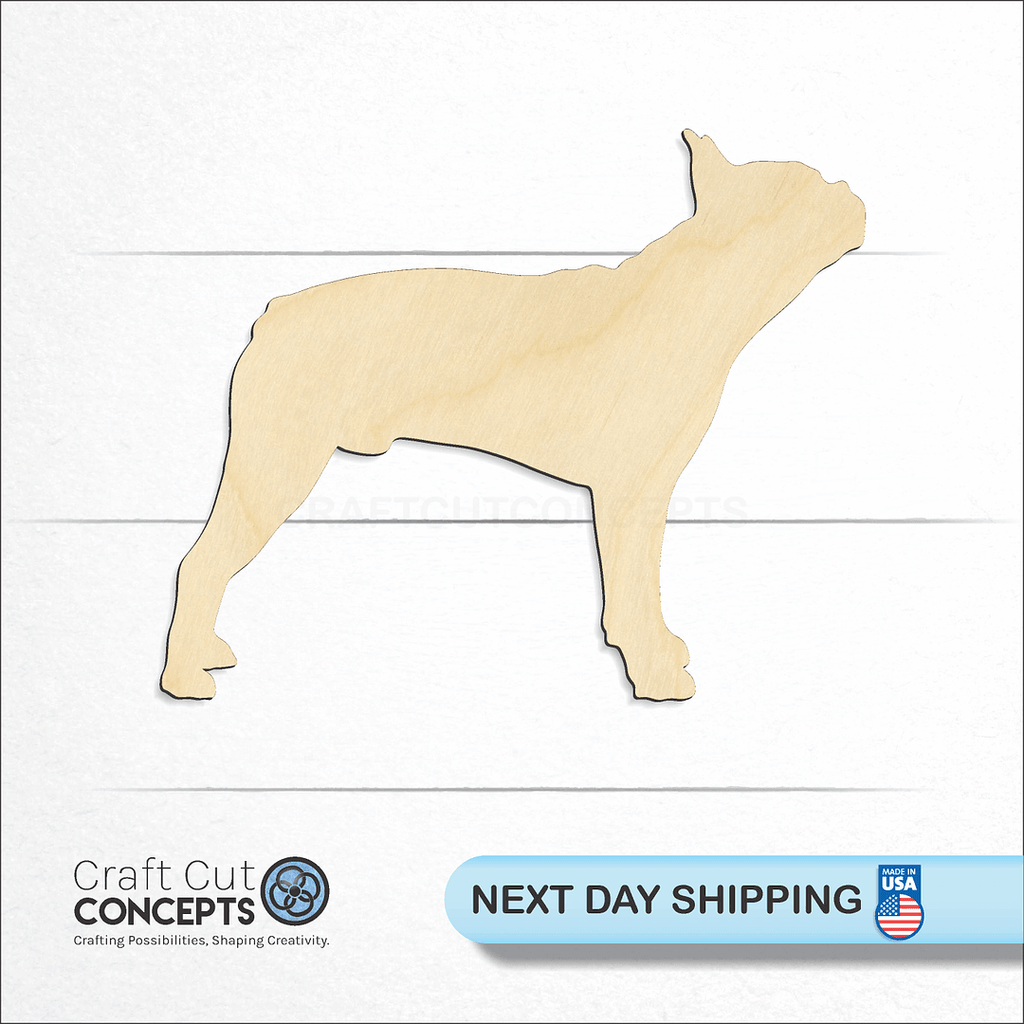 Craft Cut Concepts logo and next day shipping banner with an unfinished wood Dog - Boston Terrier craft shape and blank