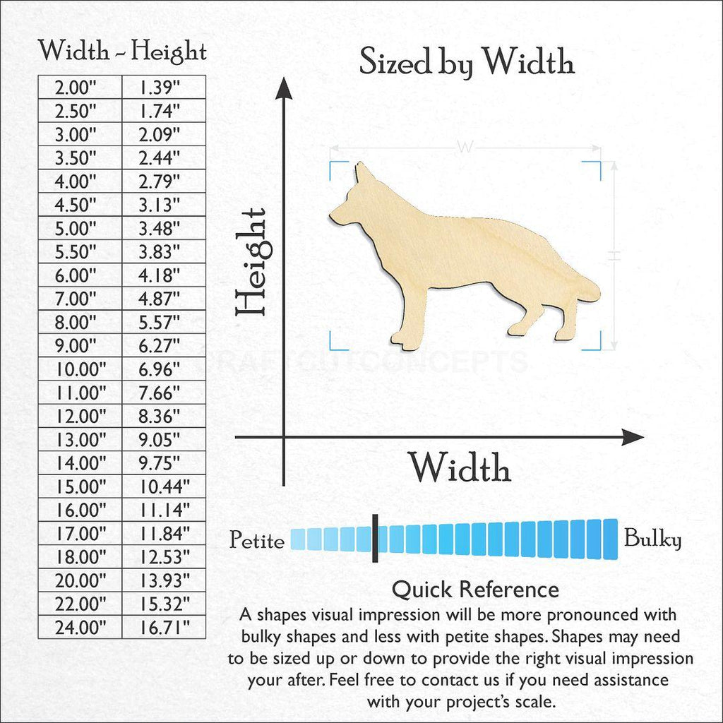 Sizes available for a laser cut German Shepard craft blank