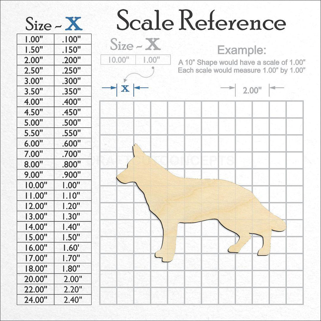 A scale and graph image showing a wood German Shepard craft blank