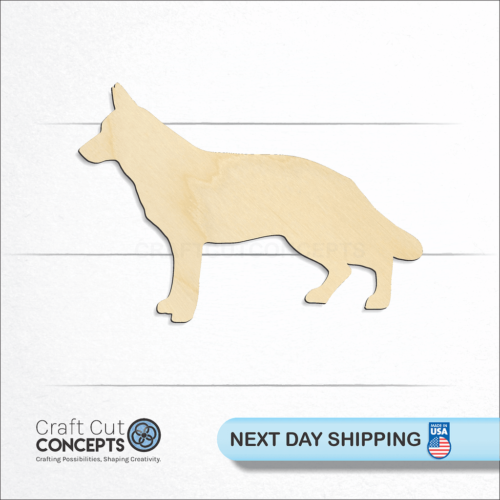 Craft Cut Concepts logo and next day shipping banner with an unfinished wood German Shepard craft shape and blank