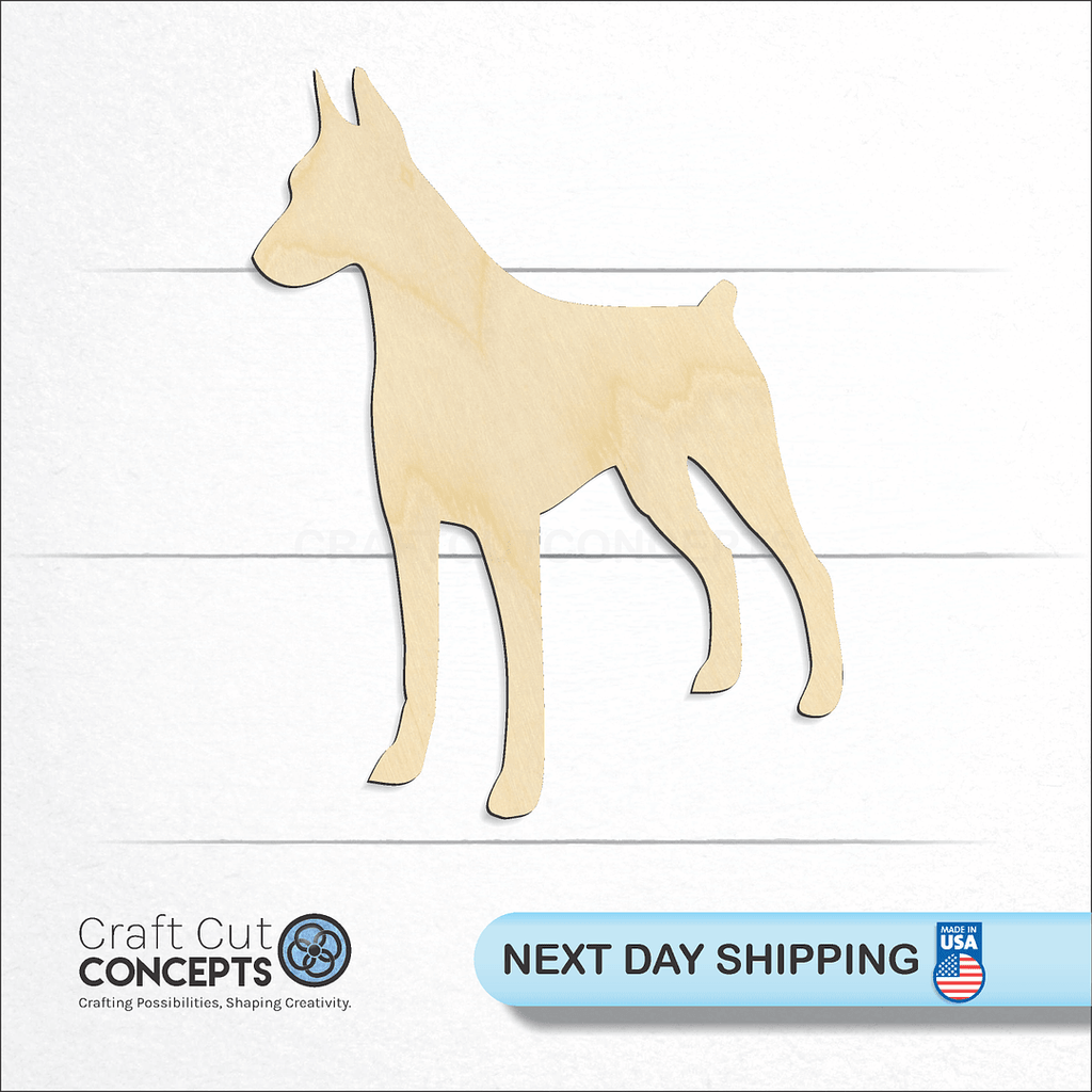 Craft Cut Concepts logo and next day shipping banner with an unfinished wood Doberman craft shape and blank