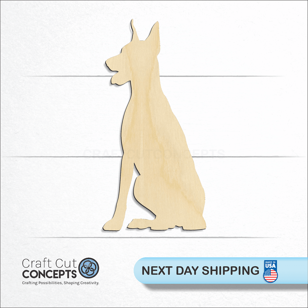 Craft Cut Concepts logo and next day shipping banner with an unfinished wood Doberman craft shape and blank