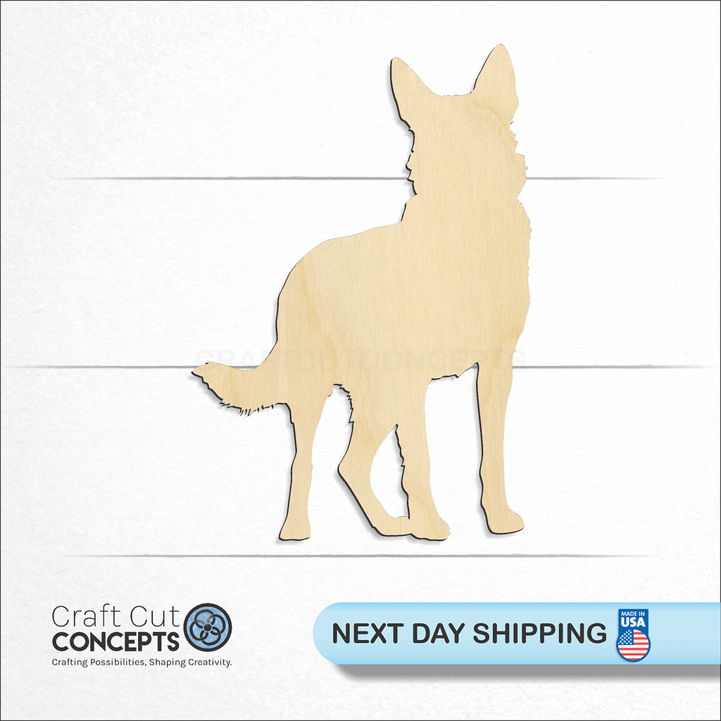 Craft Cut Concepts logo and next day shipping banner with an unfinished wood German Shepherd craft shape and blank