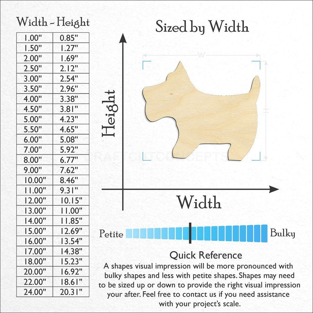 Sizes available for a laser cut Scottish Terrier craft blank