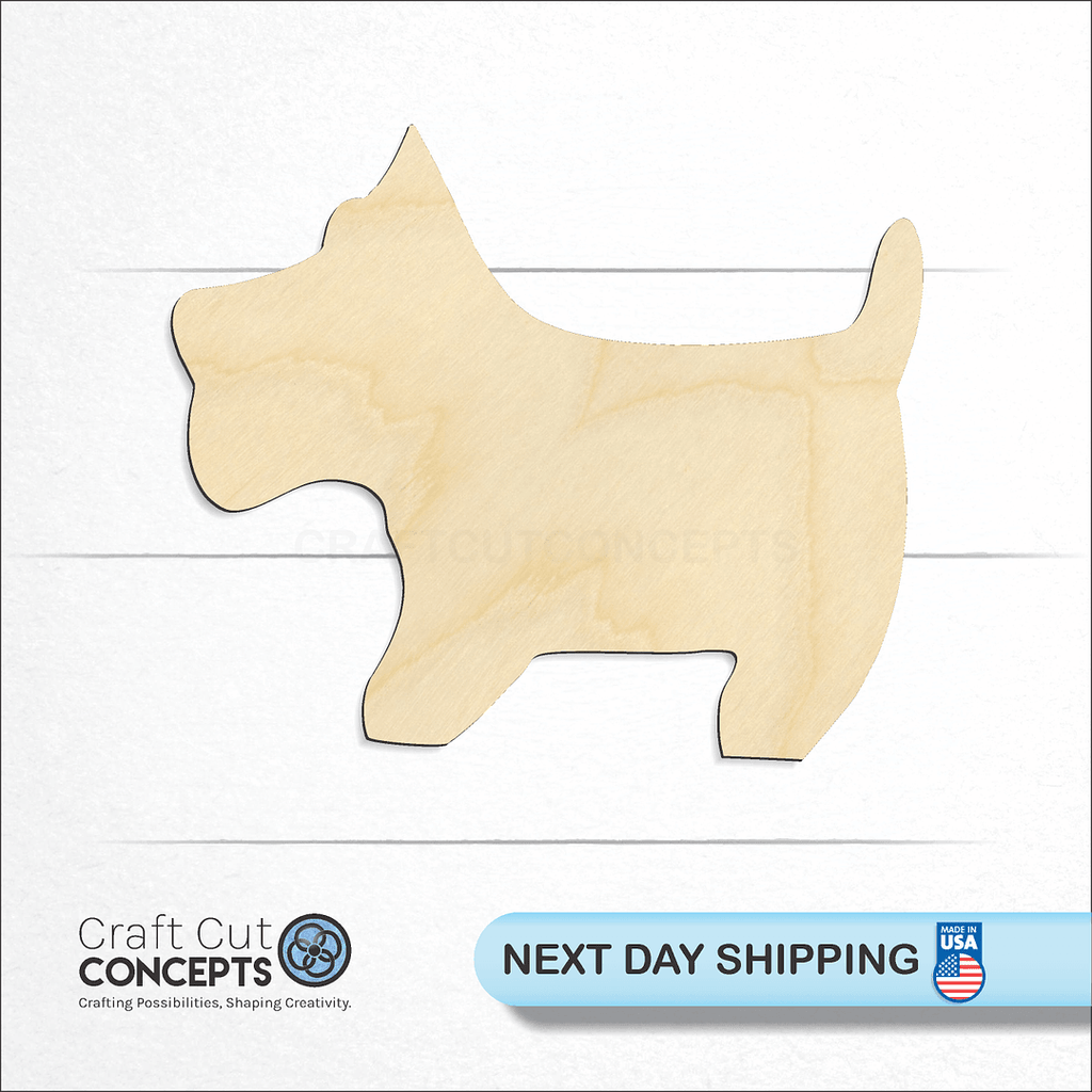 Craft Cut Concepts logo and next day shipping banner with an unfinished wood Scottish Terrier craft shape and blank