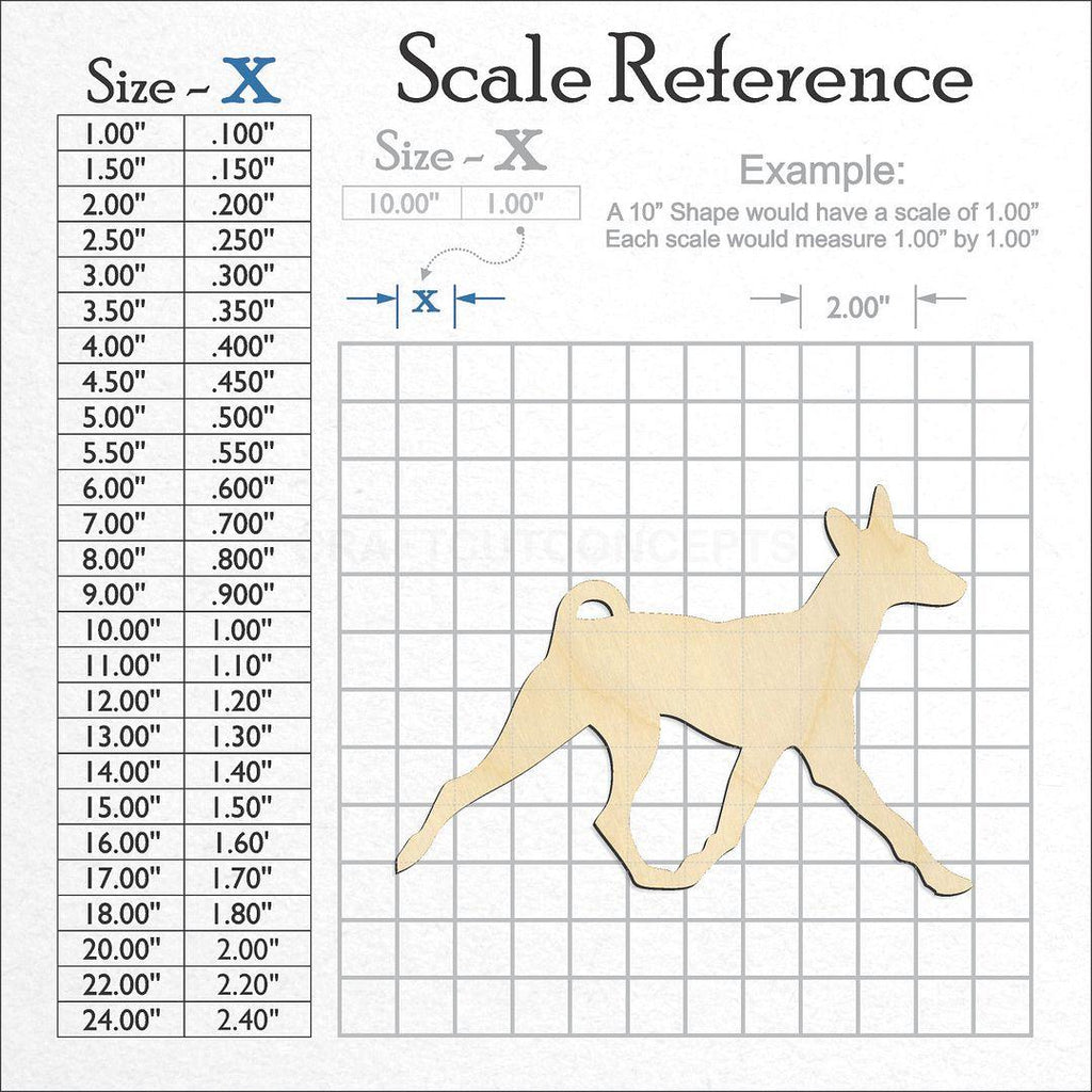 A scale and graph image showing a wood Basenji craft blank
