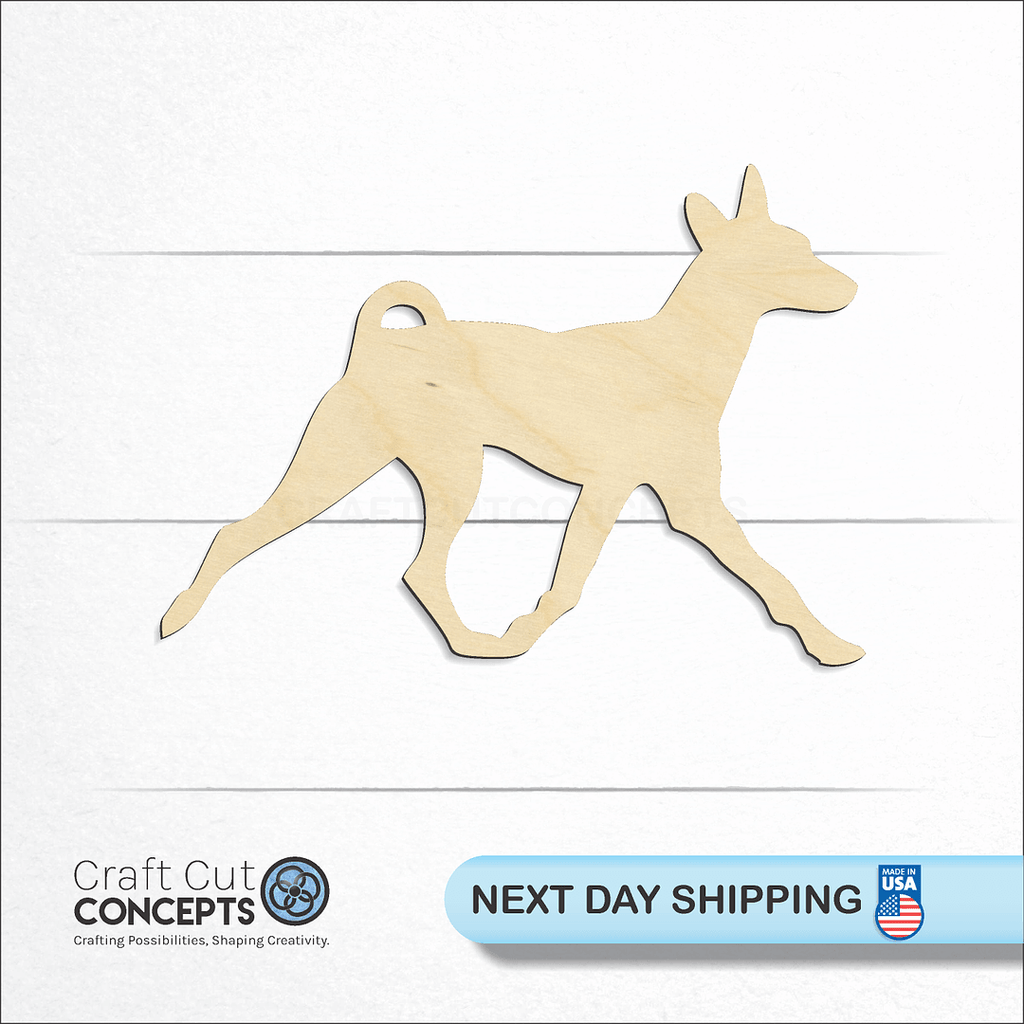 Craft Cut Concepts logo and next day shipping banner with an unfinished wood Basenji craft shape and blank