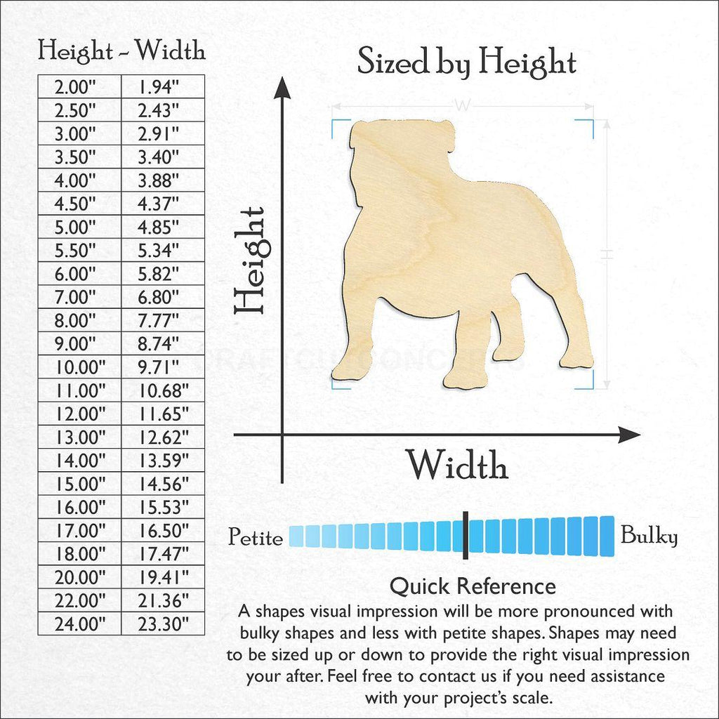 Sizes available for a laser cut English Bulldog craft blank