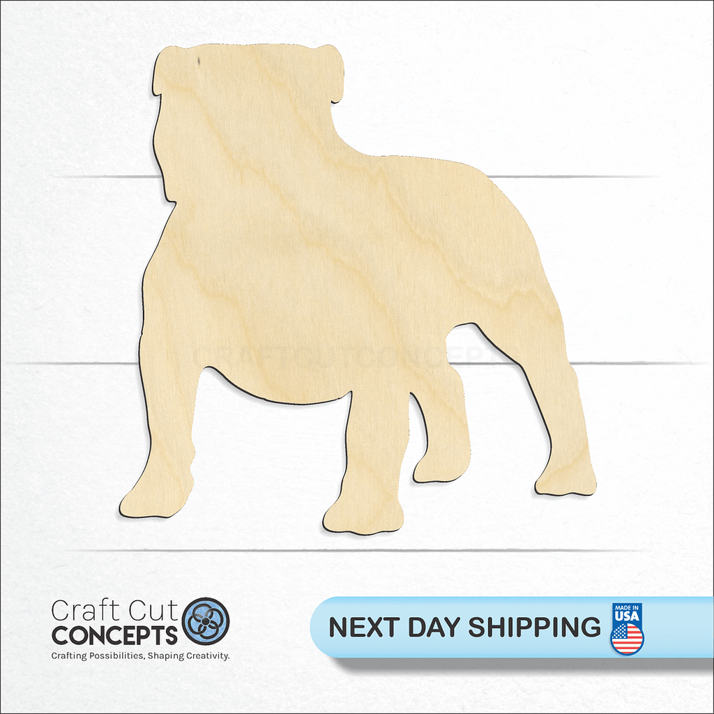 Craft Cut Concepts logo and next day shipping banner with an unfinished wood English Bulldog craft shape and blank