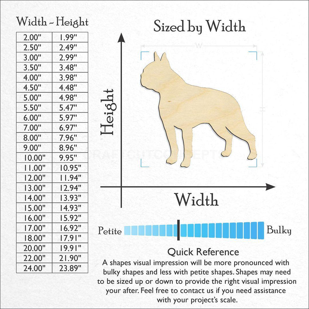 Sizes available for a laser cut Dog - Boston Terrier-2 craft blank