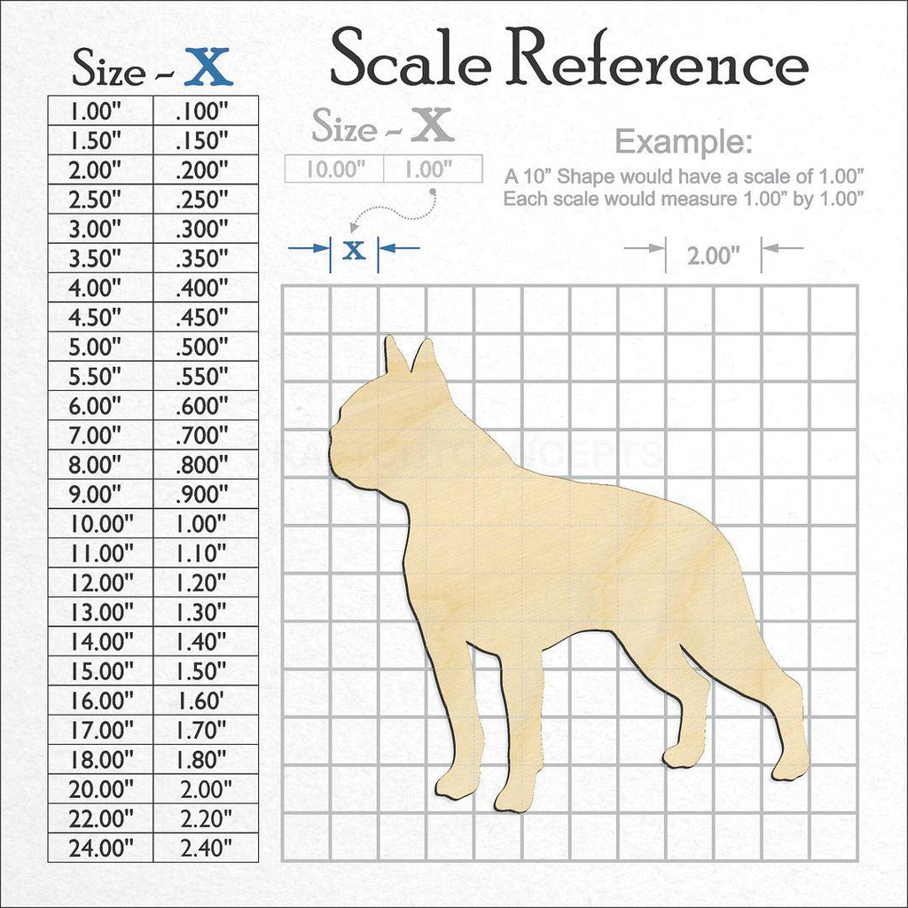 A scale and graph image showing a wood Dog - Boston Terrier-2 craft blank