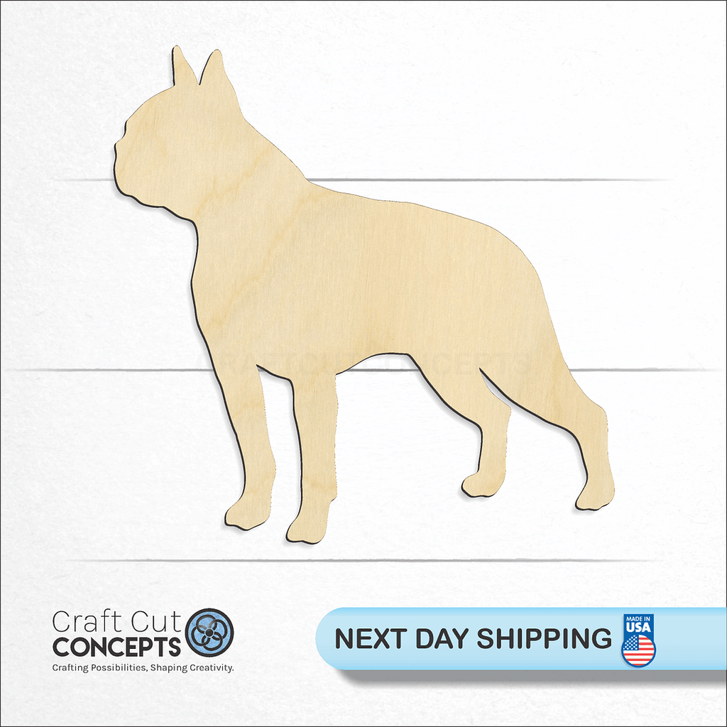 Craft Cut Concepts logo and next day shipping banner with an unfinished wood Dog - Boston Terrier-2 craft shape and blank