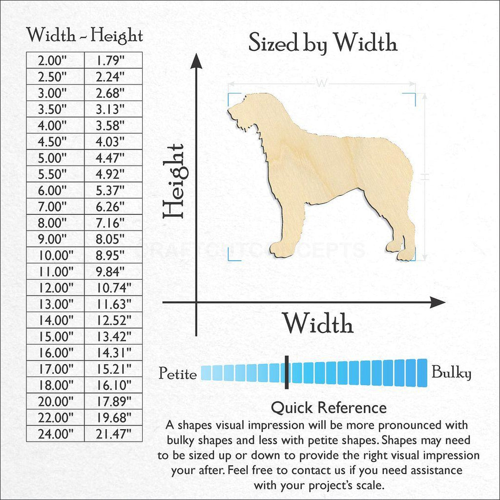 Sizes available for a laser cut Irish Wolfhound craft blank