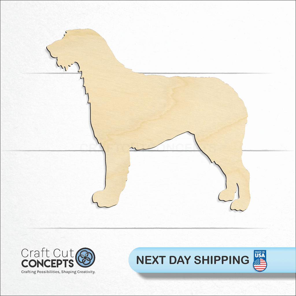 Craft Cut Concepts logo and next day shipping banner with an unfinished wood Irish Wolfhound craft shape and blank