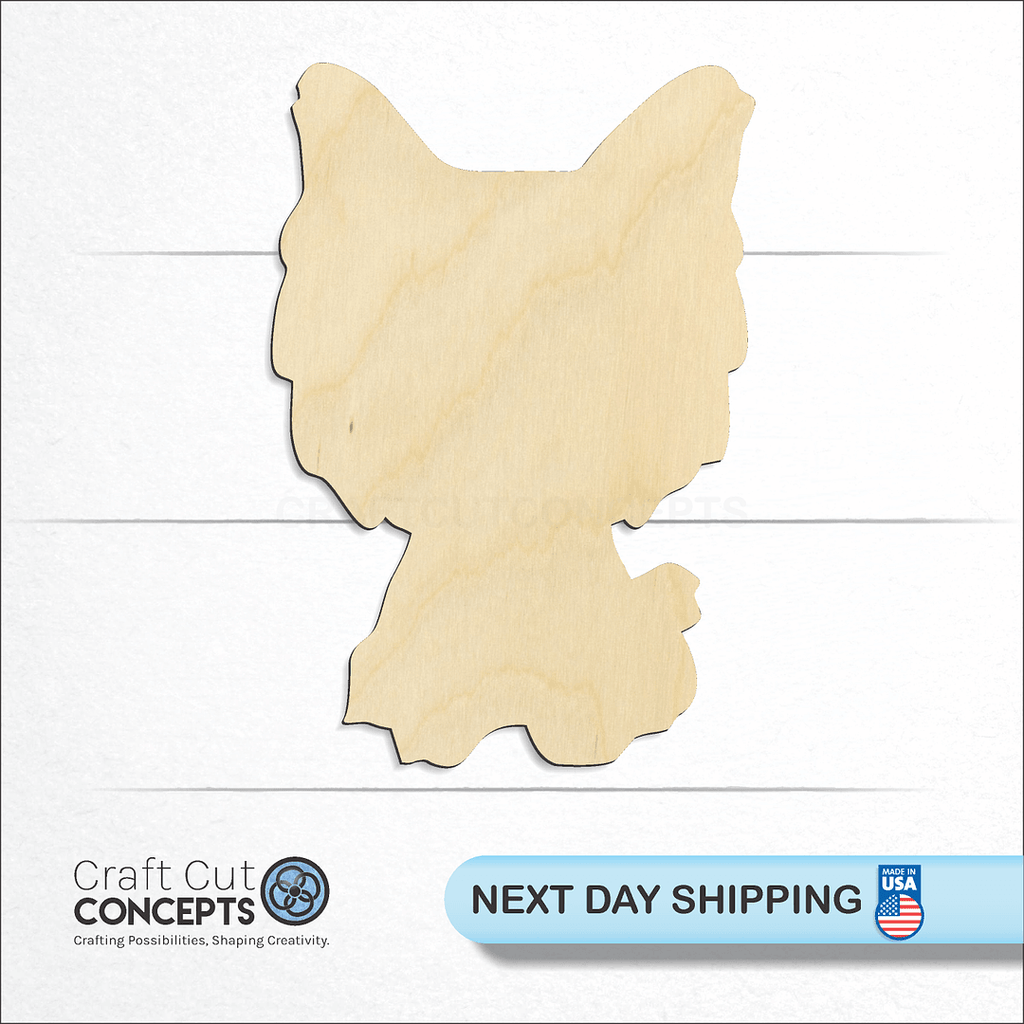 Craft Cut Concepts logo and next day shipping banner with an unfinished wood Cute Dog Yorkie craft shape and blank